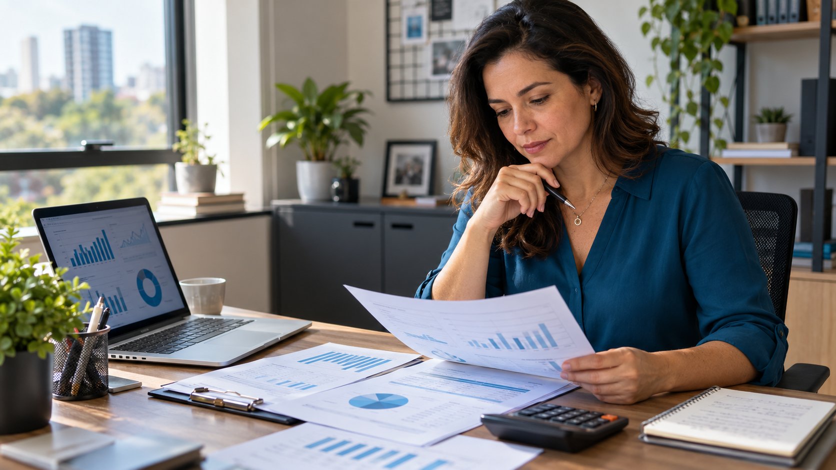 Empresária analisando relatórios financeiros, com computador e calculadora, para organizar o fluxo de caixa da empresa